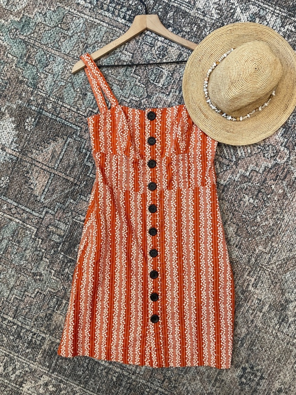 Roxy Sundress Size 7 Juniors Orange Cotton Button Front Striped Mini Dress